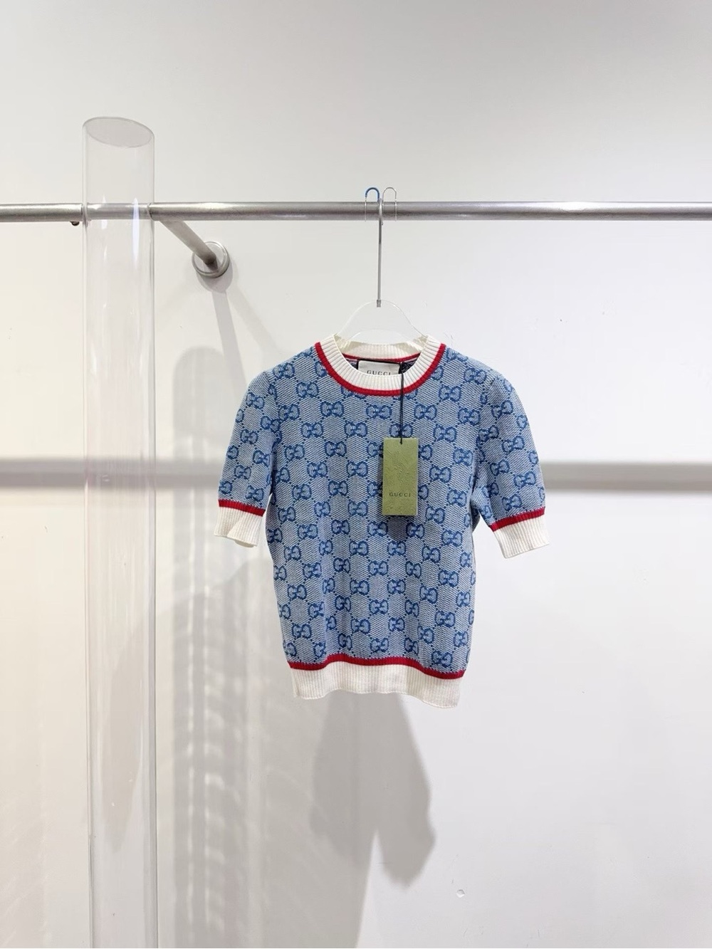 Gucci Blue GG Knit Short Sleeve Sweater with Red & White Accents